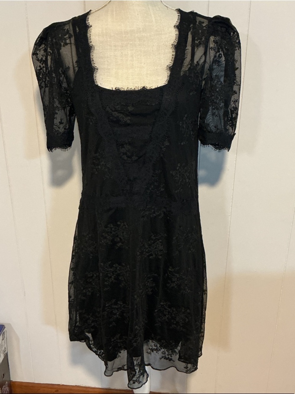 Zara Black Lace Square-Neck Mini Dress with Puff Sleeves